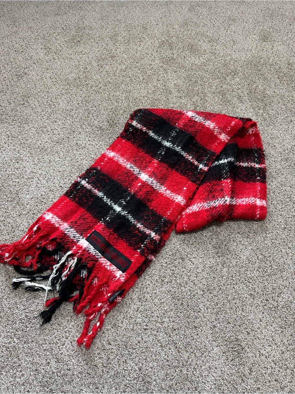 Victoria's Secret Red Black White Plaid Fringe Scarf
